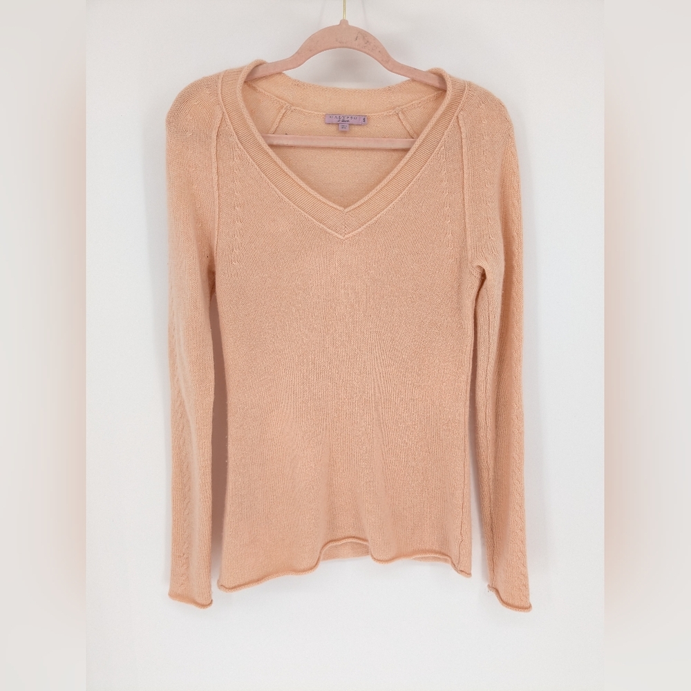 Calypso St. Barth 100% Cashmere Sweater Peach V-Neck Cable-Knit Sleeves Size S - Picture 9 of 15